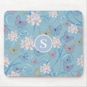 Blauwe Vlinder Bloemen Monogram Mousepad Muismat (Voorkant)