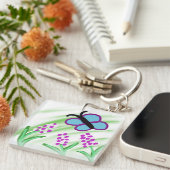 Blauwe vlinder bloemen sleutelhanger (Voorkant Rechts)