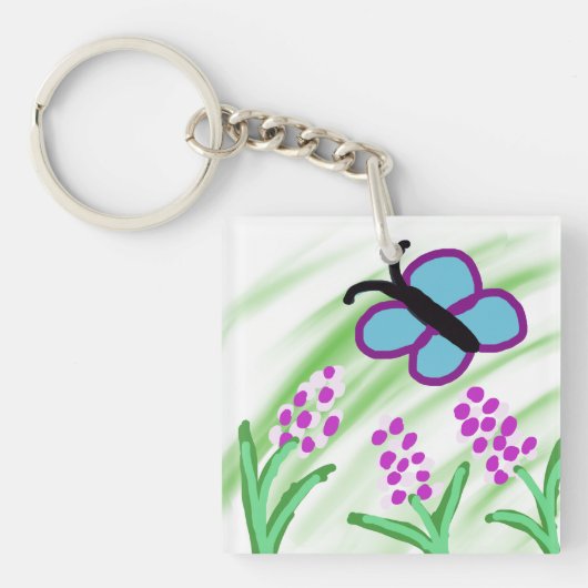 Blauwe vlinder bloemen sleutelhanger (Voorkant)