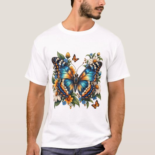 Blauwe Vlinder Bloemen T-Shirt (Voorkant)