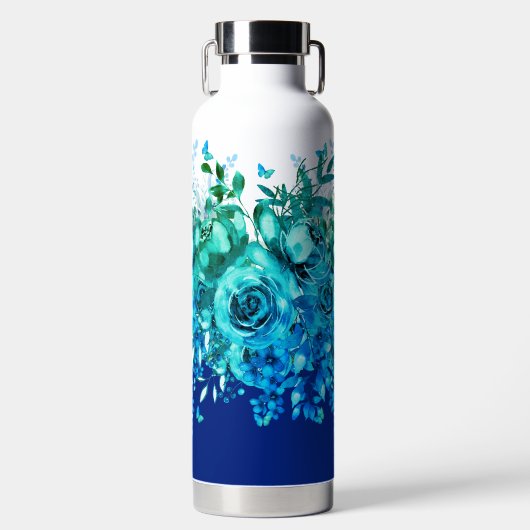 Blauwe Vlinder Bloemen Waterfles (Voorkant)
