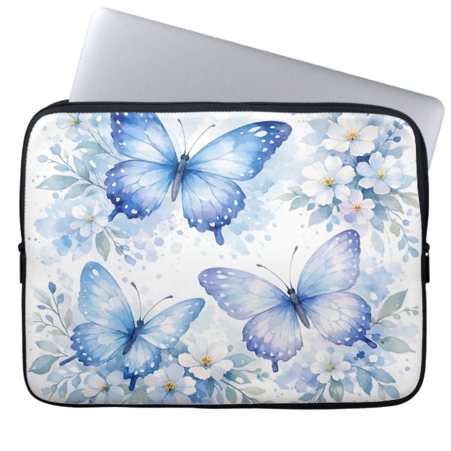 Blauwe Vlinder Bloemstuk Laptop Sleeve (Voorkant)