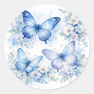 Blauwe Vlinder Bloemstuk Ronde Sticker