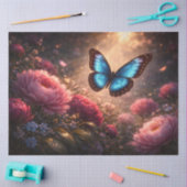 Blauwe vlinder boven roze pioenrozen Lentetuin Tissuepapier (Craft)