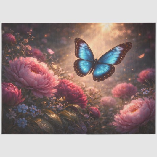 Blauwe vlinder boven roze pioenrozen Lentetuin Tissuepapier (Voorkant)