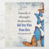 Blauwe  vlinder bruiloft wijn etiket (Enkel label)