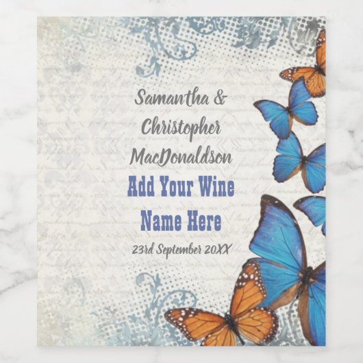Blauwe vlinder bruiloft wijn etiket (Enkel label)