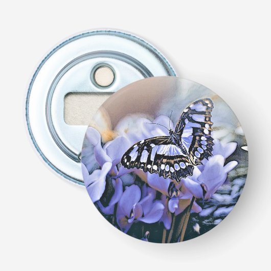 Blauwe vlinder button flesopener (Voorkant)