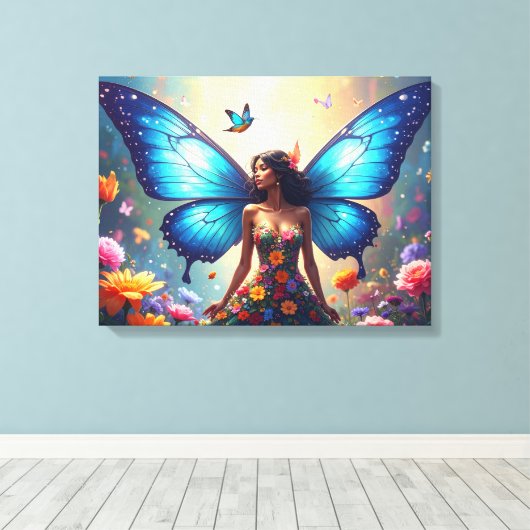 Blauwe vlinder canvas afdruk (Insitu (Houten vloer))