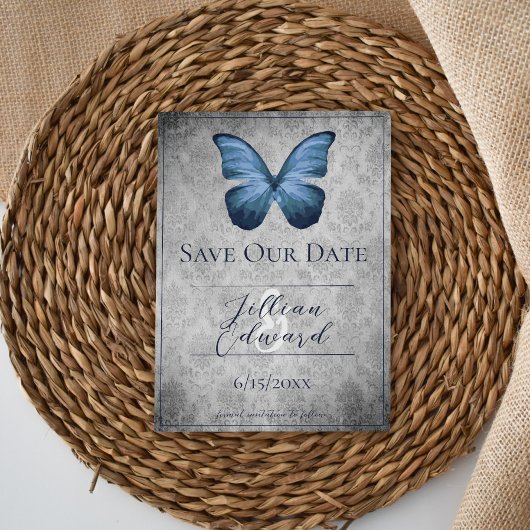 Blauwe  Vlinder Damask Save the Date Aankondiging