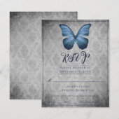 Blauwe  Vlinder Damast Bruiloft RSVP (Voorkant / Achterkant)