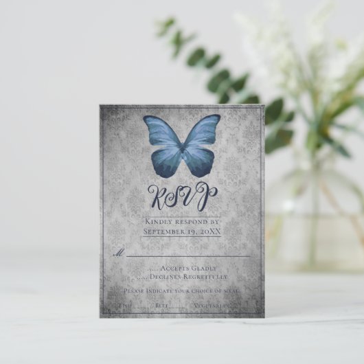 Blauwe  Vlinder Damast Bruiloft RSVP Kaartje (Staand voorkant)