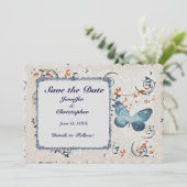 Blauwe vlinder- en bladwervelingen save the date (Staand voorkant)