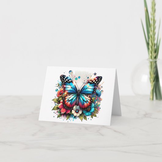 Blauwe vlinder en bloemen | Dank je Kaart (Voorkant)