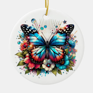 Blauwe vlinder en bloemen gepersonaliseerde kerst keramisch ornament
