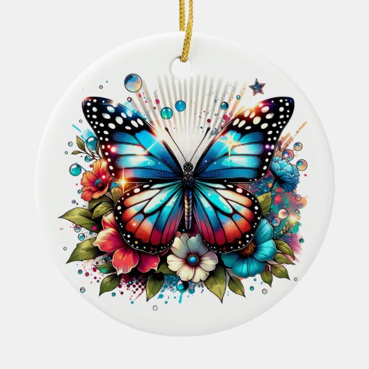 Blauwe vlinder en bloemen gepersonaliseerde kerst keramisch ornament (Voorkant)