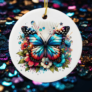 Blauwe vlinder en bloemen gepersonaliseerde kerst keramisch ornament