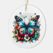 Blauwe vlinder en bloemen gepersonaliseerde kerst keramisch ornament (Links)