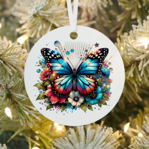 Blauwe vlinder en bloemen gepersonaliseerde kerst metalen ornament