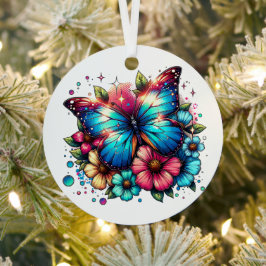 Blauwe vlinder en bloemen gepersonaliseerde kerst metalen ornament