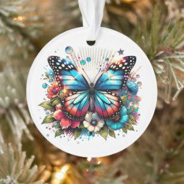 Blauwe vlinder en bloemen gepersonaliseerde kerst ornament