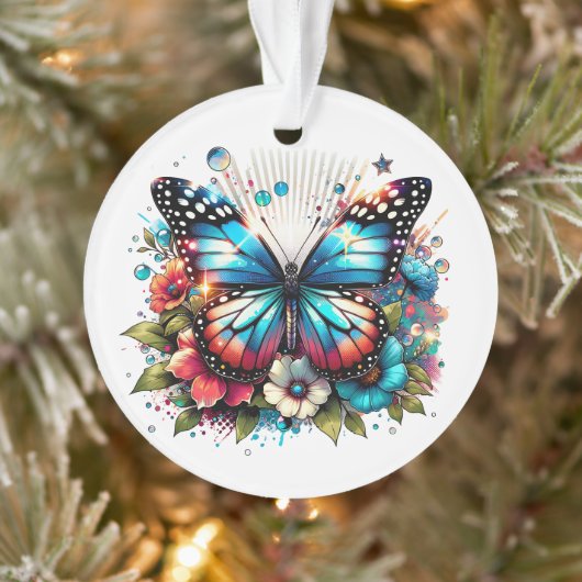 Blauwe vlinder en bloemen gepersonaliseerde kerst ornament (Boom)