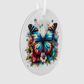 Blauwe vlinder en bloemen gepersonaliseerde kerst ornament (voorkant)