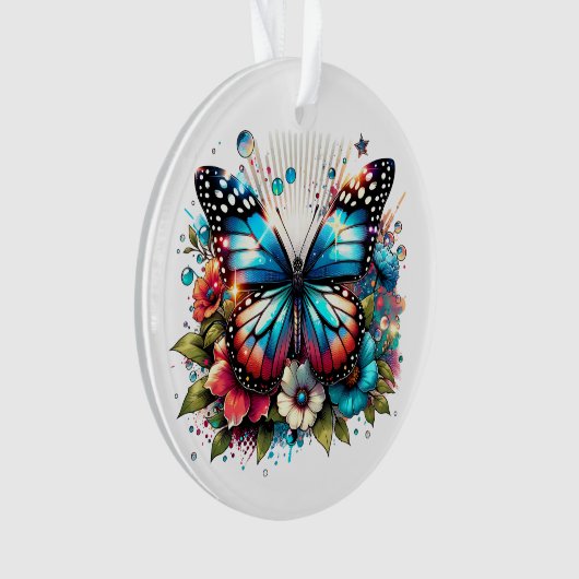 Blauwe vlinder en bloemen gepersonaliseerde kerst ornament (voorkant)