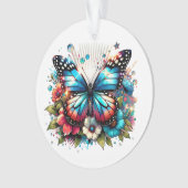 Blauwe vlinder en bloemen gepersonaliseerde kerst ornament (voorkant)