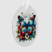 Blauwe vlinder en bloemen gepersonaliseerde kerst ornament (voorkant)