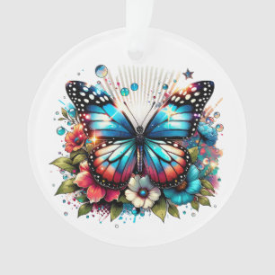Blauwe vlinder en bloemen gepersonaliseerde kerst ornament