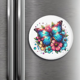 Blauwe vlinder en bloemen magneet