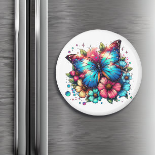 Blauwe vlinder en bloemen magneet