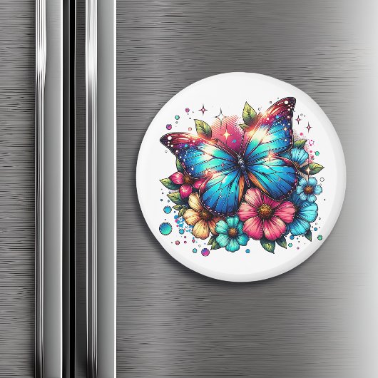 Blauwe vlinder en bloemen magneet