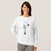 Blauwe Vlinder en Bloemen met citaat T-shirt (Voorkant volledig)