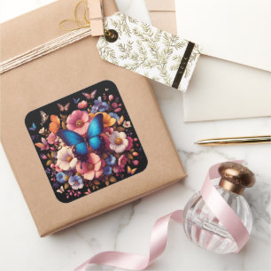 Blauwe vlinder en bloemen patroon vierkante sticker
