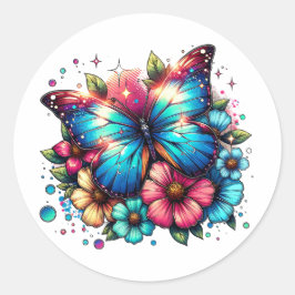 Blauwe vlinder en bloemen ronde sticker