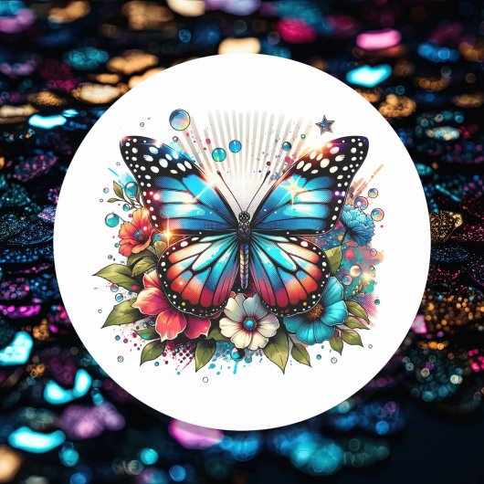 Blauwe vlinder en bloemen ronde sticker