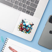 Blauwe vlinder en bloemen sticker (Laptop met iPhone)