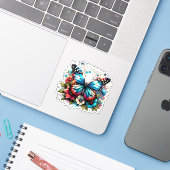 Blauwe vlinder en bloemen sticker (Laptop met iPhone)