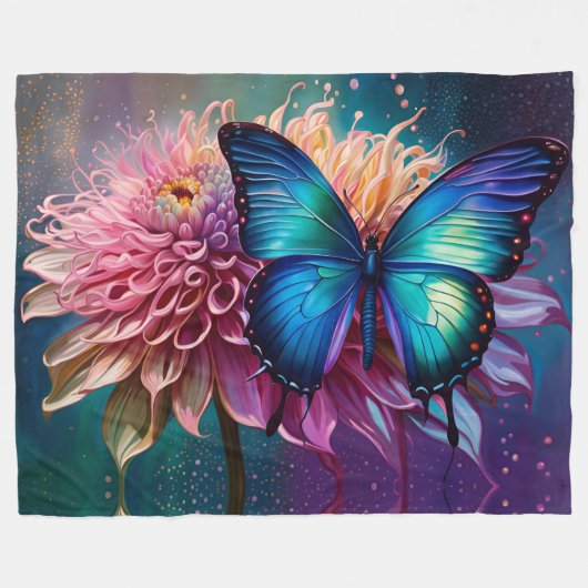Blauwe vlinder en de Dahlia Fleece Deken (Voorkant (Horizontaal))