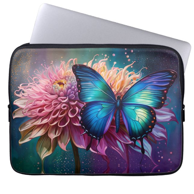 Blauwe vlinder en de Dahlia Laptop Sleeve (Voorkant)