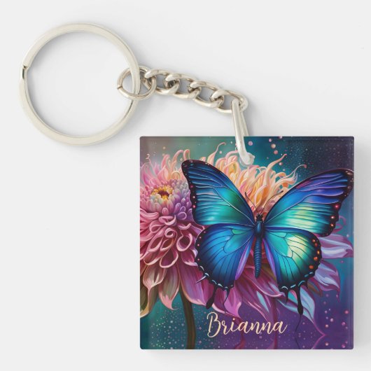 Blauwe vlinder en de Dahlia Sleutelhanger (Voorkant)