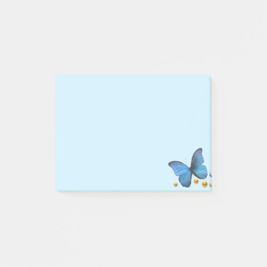 Blauwe vlinder en gouden Confetti op lichtblauw Post-it® Notes (Voorkant)