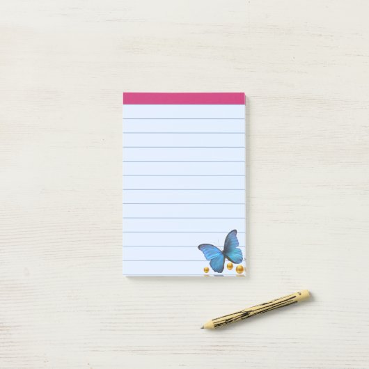 Blauwe vlinder en gouden Confetti Stippen Post-it® Notes (Op bureau)