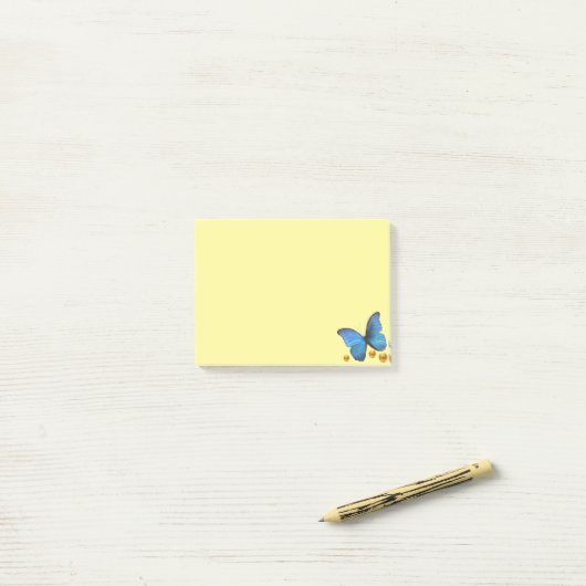 Blauwe vlinder en gouden Confetti Stippen Post-it® Notes (Op bureau)