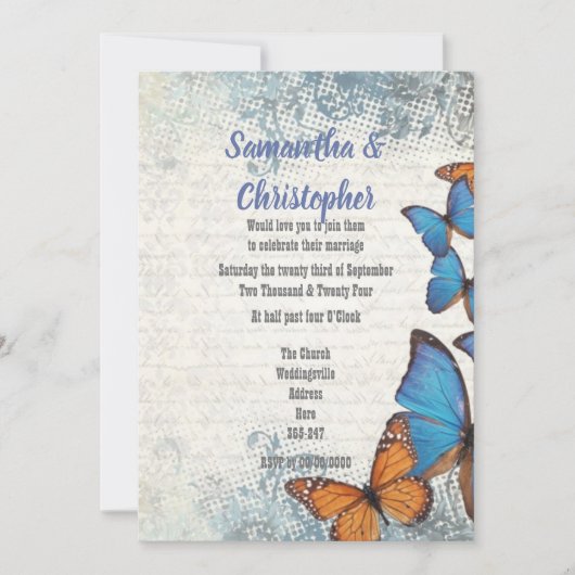 Blauwe Vlinder en Kant bruiloft Kaart (Voorkant)