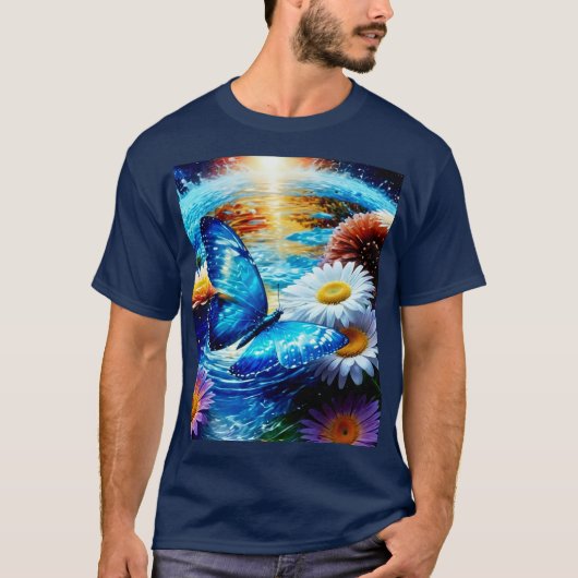 Blauwe vlinder en madeliefjes t-shirt (Voorkant)