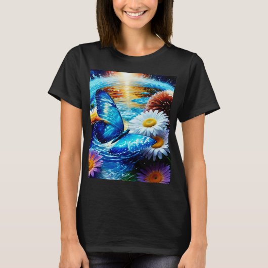 Blauwe vlinder en madeliefjes t-shirt (Voorkant)