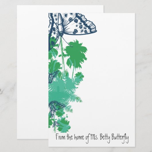 Blauwe vlinder en palmstructuurbenodigdheden briefpapier (Voorkant / Achterkant)